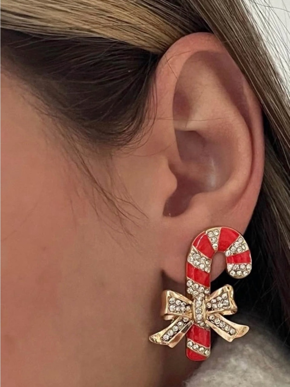 BaubleBar Red and Gold Candy Cane Bow Earrings - Picture 2 of 3